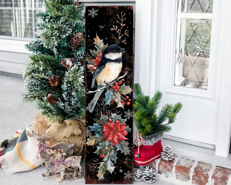 36" Black Red And White Christmas Chickadee Solid Wood Porch Sign