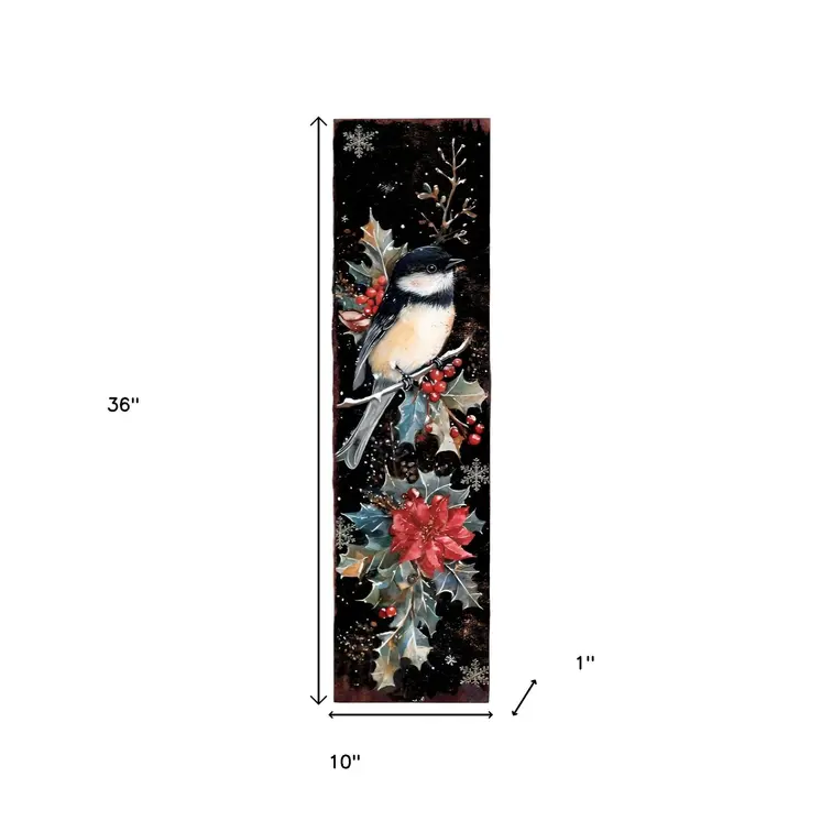 36" Black Red And White Christmas Chickadee Solid Wood Porch Sign