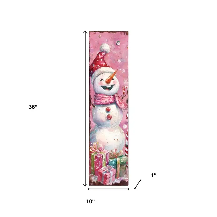 36" Pink Red And White Christmas Santa and Snowman Solid Wood Reversible Porch Sign