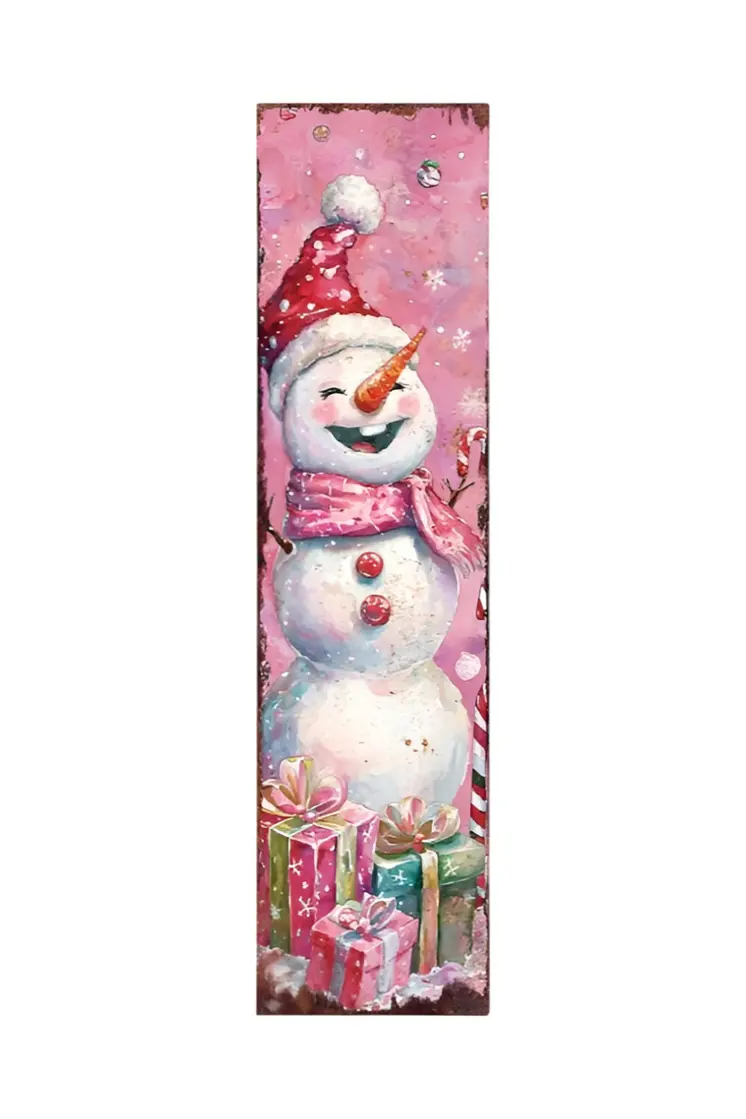 36" Pink Red And White Christmas Santa and Snowman Solid Wood Reversible Porch Sign