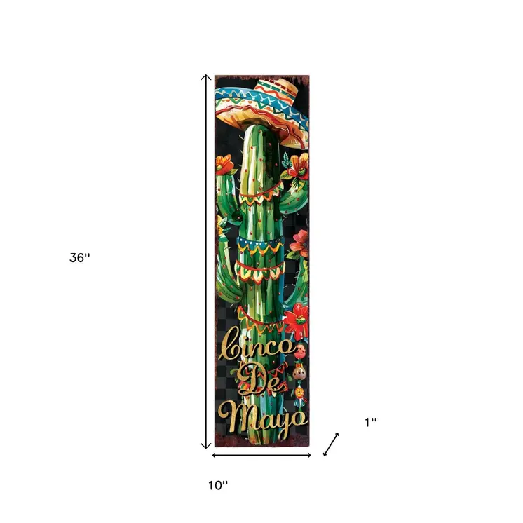 36" Black And Green Cinco De Mayo Cactus Solid Wood Porch Sign