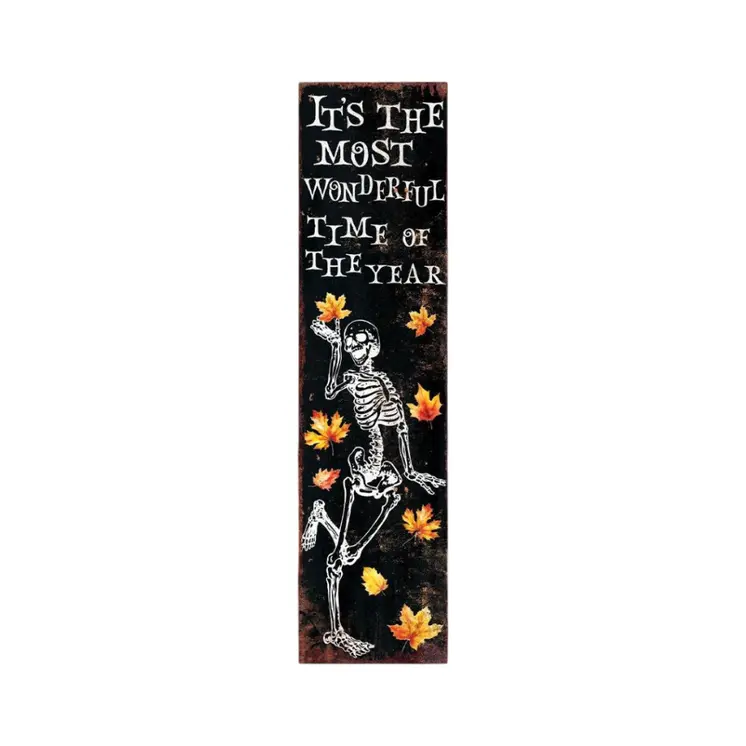 36" Black Gold And Orange Halloween Skeleton Solid Wood Porch Sign
