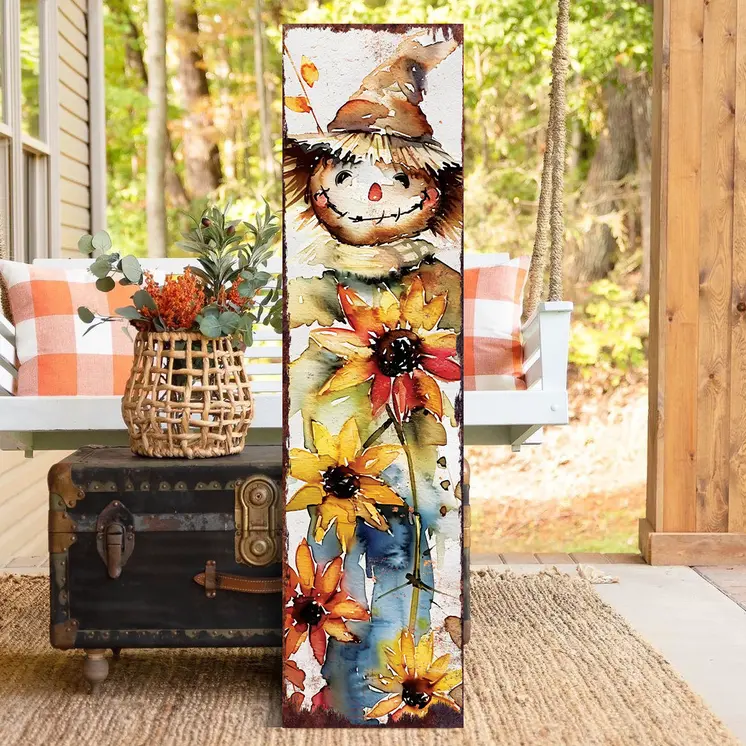 36" Brown White And Yellow Scarecrow Solid Wood Porch Sign