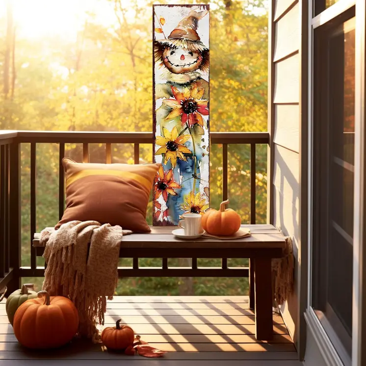 36" Brown White And Yellow Scarecrow Solid Wood Porch Sign