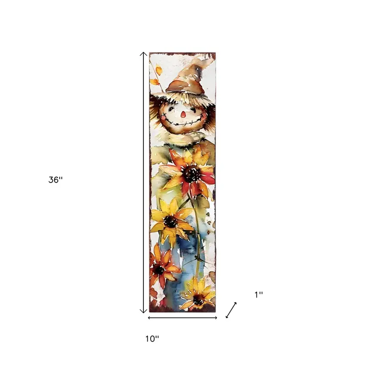 36" Brown White And Yellow Scarecrow Solid Wood Porch Sign