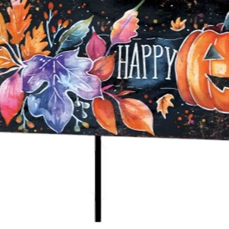10" Black And Orange Happy Halloween Pumpkin Solid Wood Garden Stake