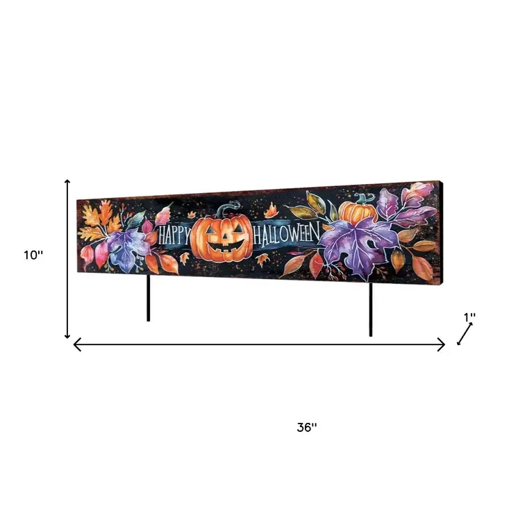 10" Black And Orange Happy Halloween Pumpkin Solid Wood Garden Stake