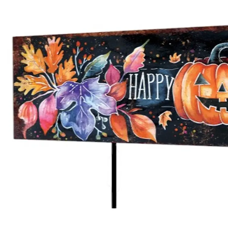 10" Black And Orange Happy Halloween Pumpkin Solid Wood Garden Stake