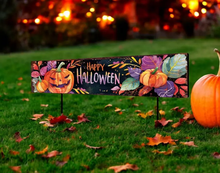 36" Black Orange And Purple Happy Halloween  Solid Wood Garden Stake