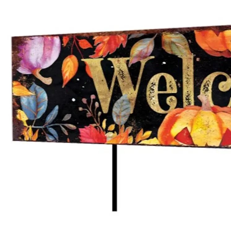 36" Black Orange And Purple Welcome Halloween Solid Wood Garden Stake
