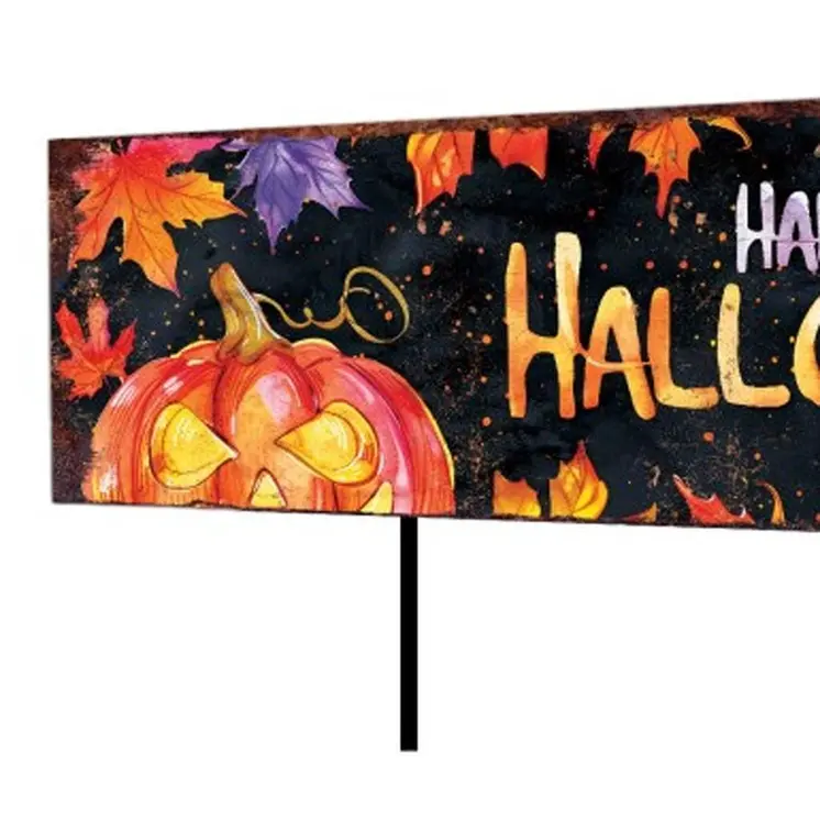 36" Black And Orange Happy Halloween Solid Wood Garden Stake