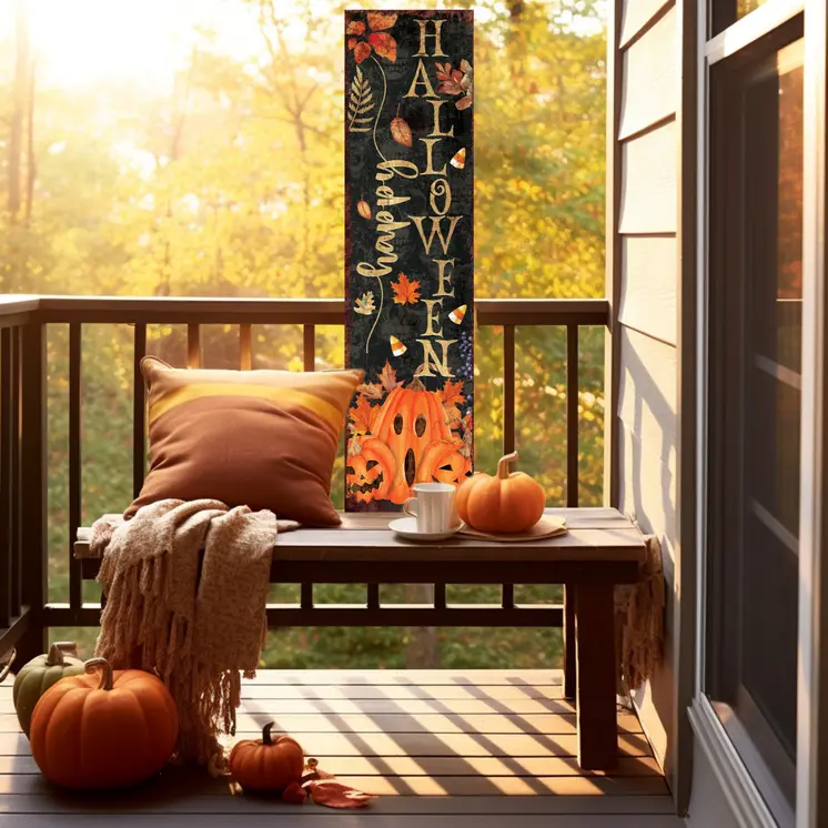 36" Black And Orange Halloween Jack-O-Lantern Solid Wood Porch Sign