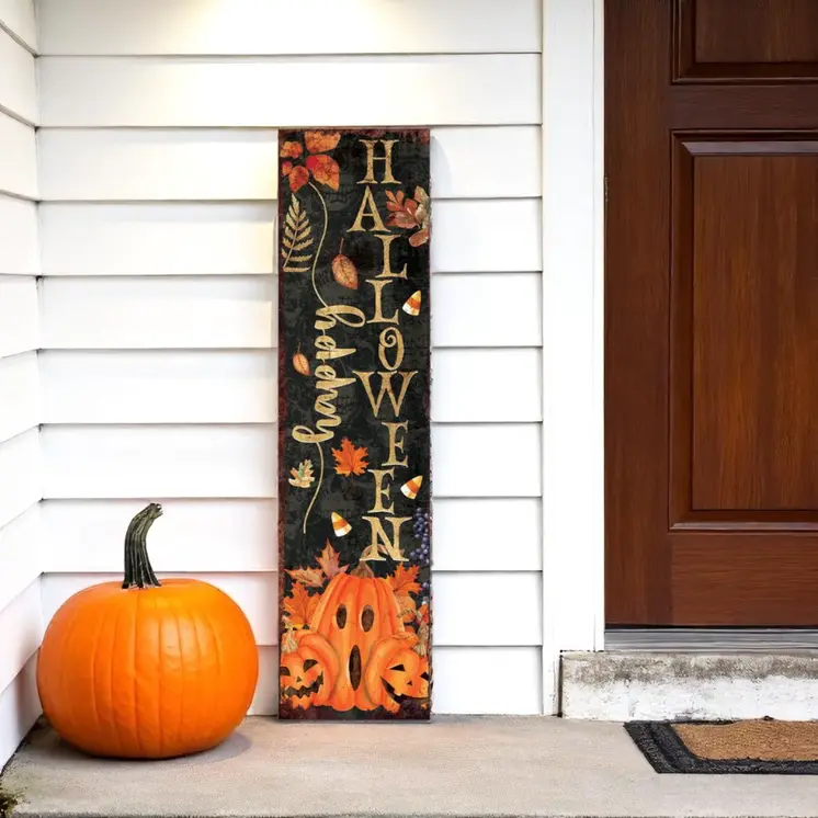 36" Black And Orange Halloween Jack-O-Lantern Solid Wood Porch Sign