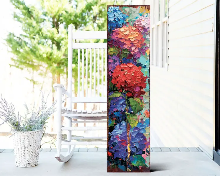 36" Blue Purple And Red Hydrangeas Solid Wood Porch Sign