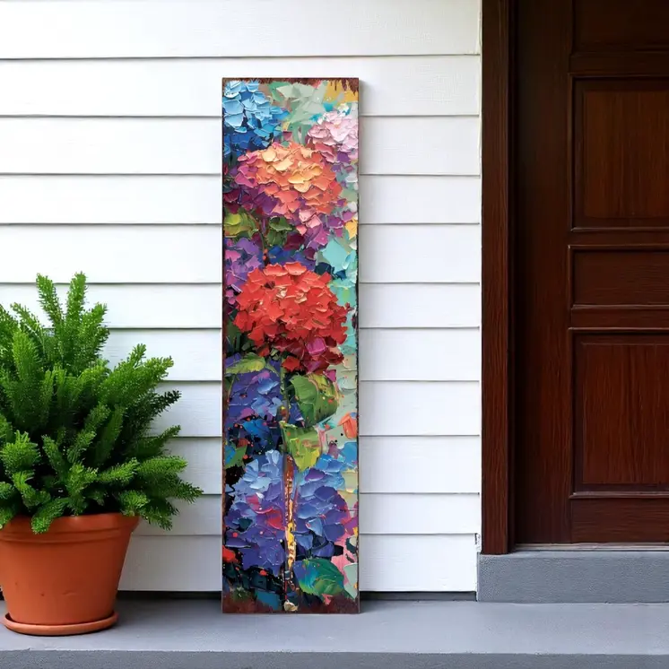 36" Blue Purple And Red Hydrangeas Solid Wood Porch Sign