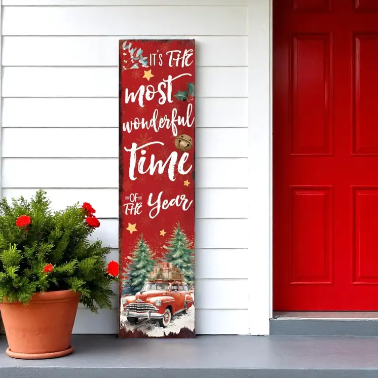 36" Red White And Green Christmas Holiday Red Truck Solid Wood Porch Sign