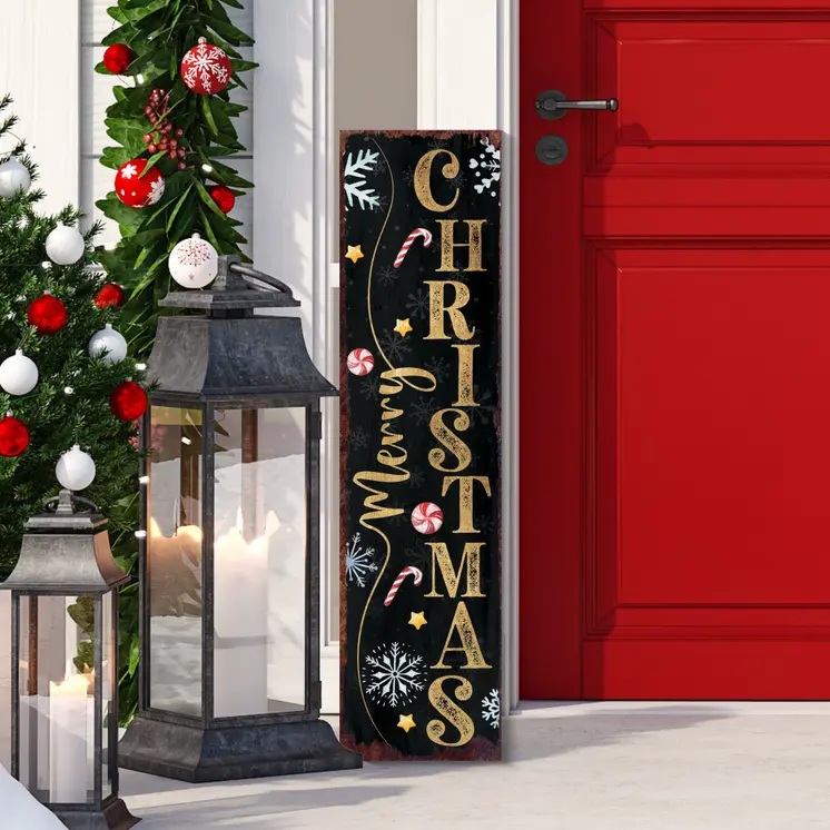 36" Black And Gold Merry Christmas Snowflakes Solid Wood Porch Sign
