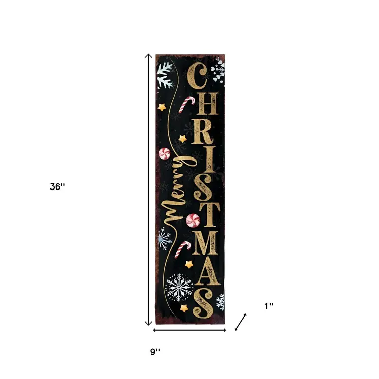 36" Black And Gold Merry Christmas Snowflakes Solid Wood Porch Sign