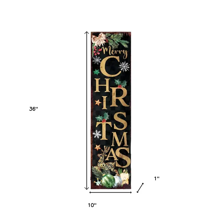 36" Black And Gold Merry Christmas Reindeer Solid Wood Porch Sign