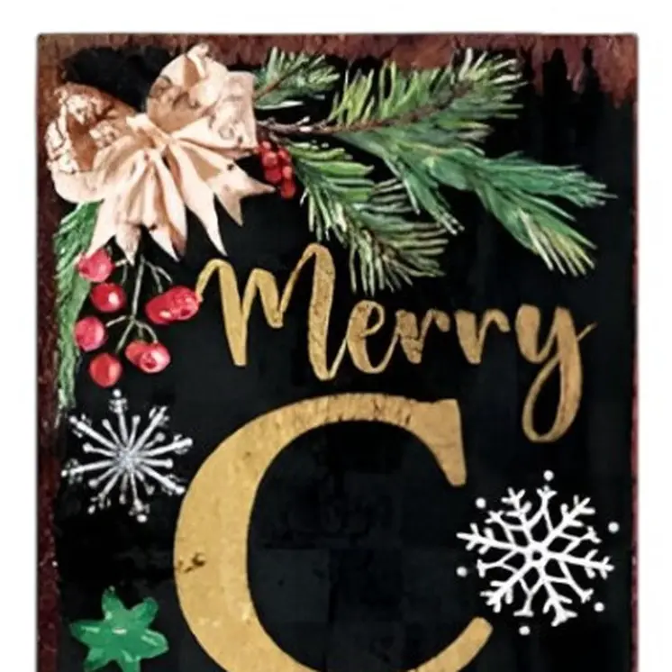 36" Black And Gold Merry Christmas Reindeer Solid Wood Porch Sign