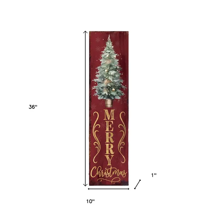 36" Red and Green Merry Christmas Christmas Tree Solid Wood Porch Sign
