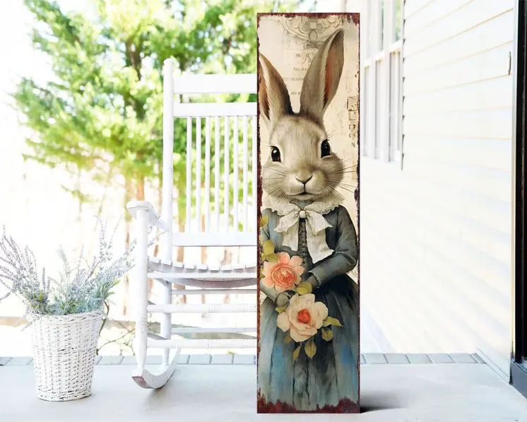 36" Off White And Blue Happy Easter Easter Bunny Solid Wood Porch Sign