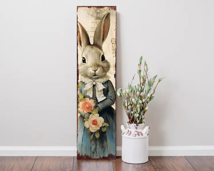36" Off White And Blue Happy Easter Easter Bunny Solid Wood Porch Sign