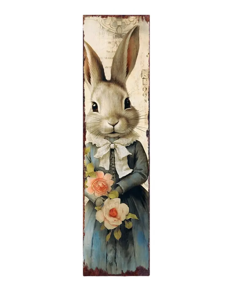 36" Off White And Blue Happy Easter Easter Bunny Solid Wood Porch Sign