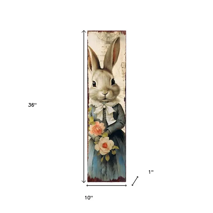 36" Off White And Blue Happy Easter Easter Bunny Solid Wood Porch Sign