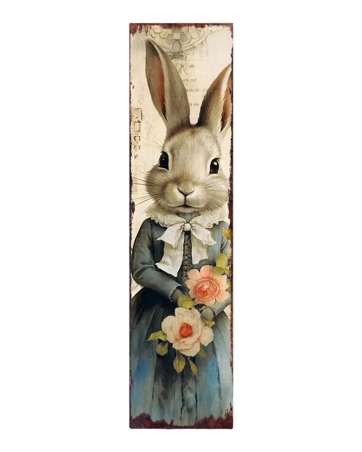 36" Off White And Blue Happy Easter Easter Bunny Solid Wood Porch Sign
