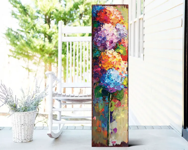 36" Blue Orange And Purple Hydrangeas Solid Wood Porch Sign