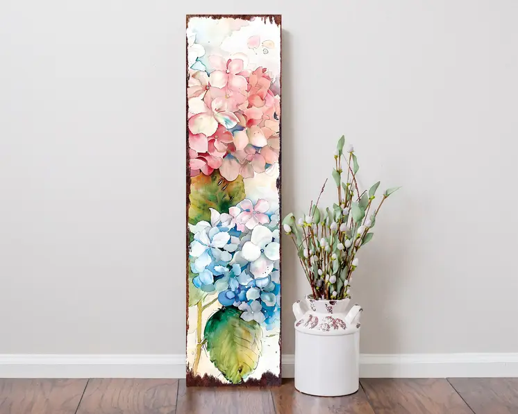 36"  White Blue And Pink Hydrangeas Solid Wood Porch Sign