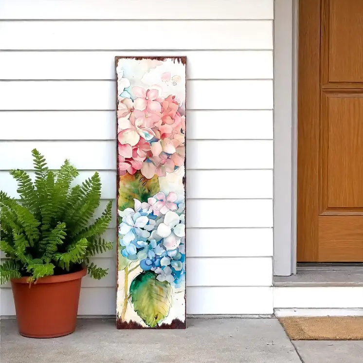36"  White Blue And Pink Hydrangeas Solid Wood Porch Sign
