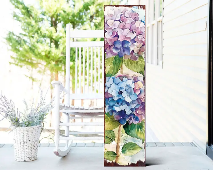 36" Blue Purple And Green Hydrangeas Solid Wood Porch Sign