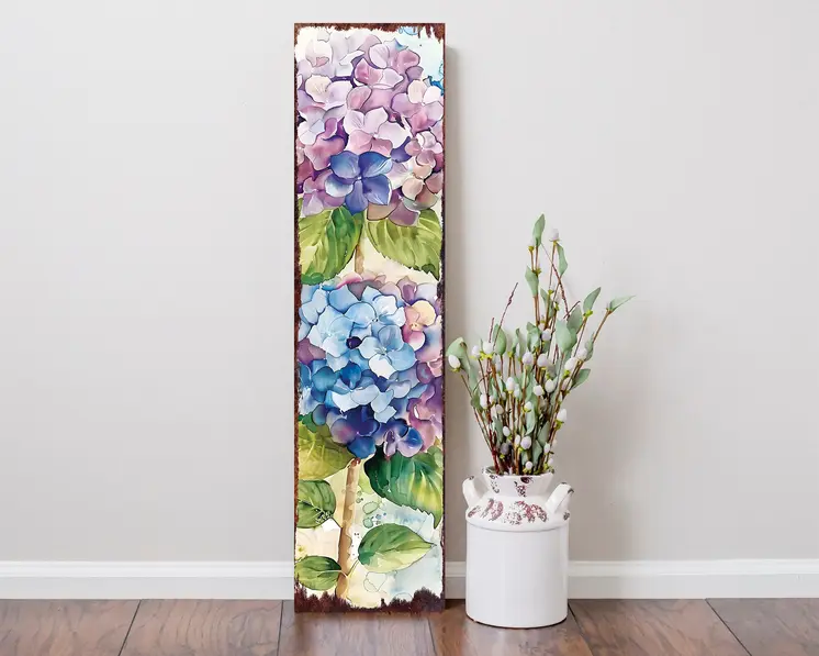 36" Blue Purple And Green Hydrangeas Solid Wood Porch Sign