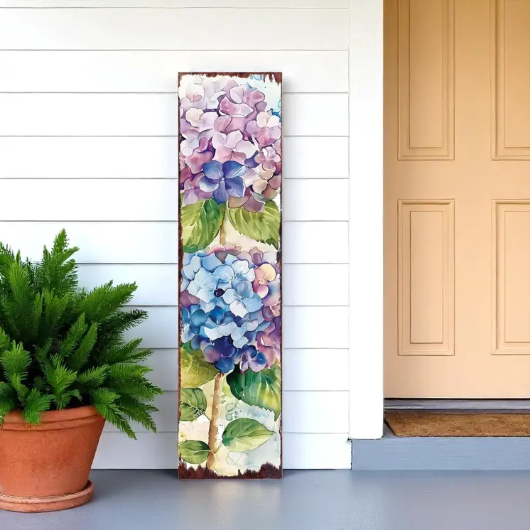 36" Blue Purple And Green Hydrangeas Solid Wood Porch Sign