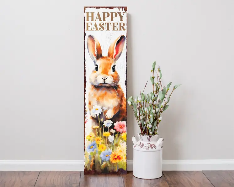 36" Brown White And Yellow Happy Easter Easter Bunny Solid Wood Porch Sign