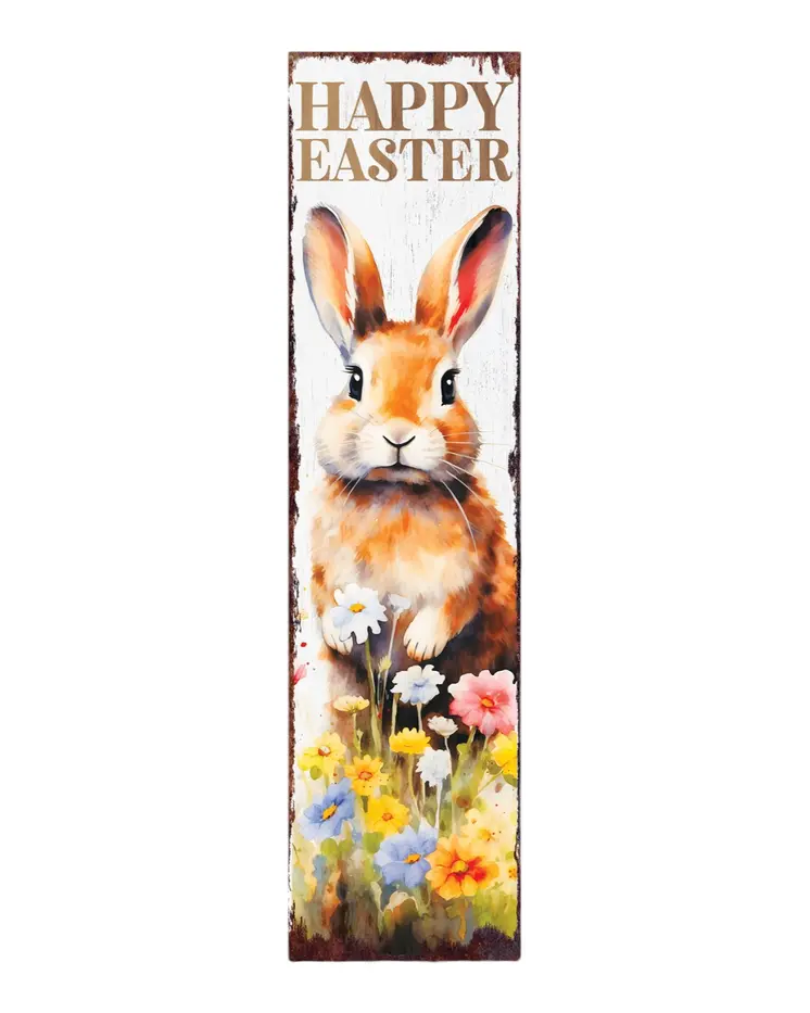 36" Brown White And Yellow Happy Easter Easter Bunny Solid Wood Porch Sign