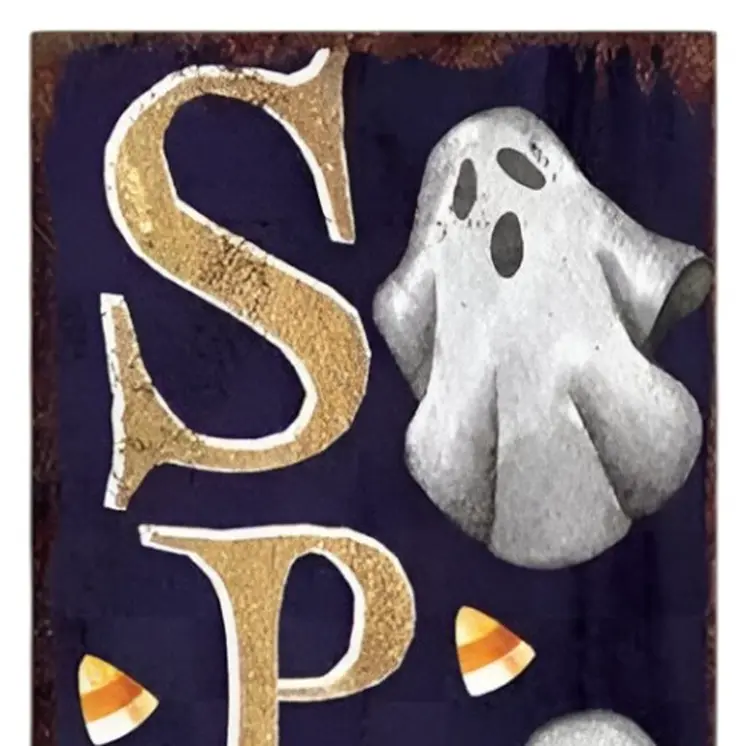 36" Black Gold And Orange Spooky Halloween Ghost Solid Wood Porch Sign