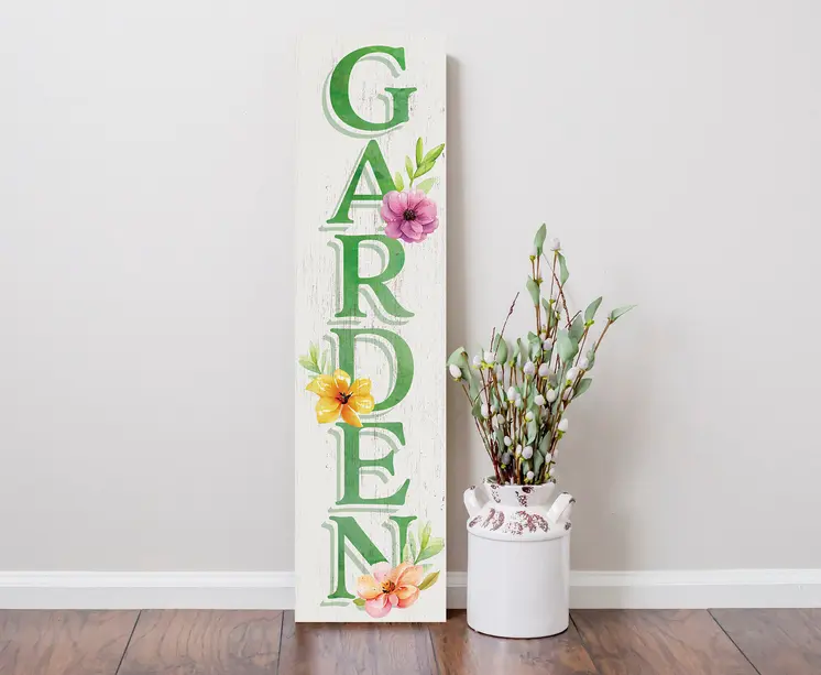 36" Green And White Garden Solid Wood Porch Sign