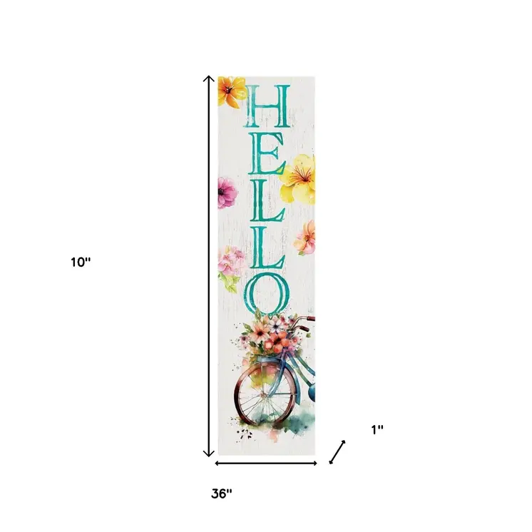 36" White And Turquoise Hello Solid Wood Porch Sign