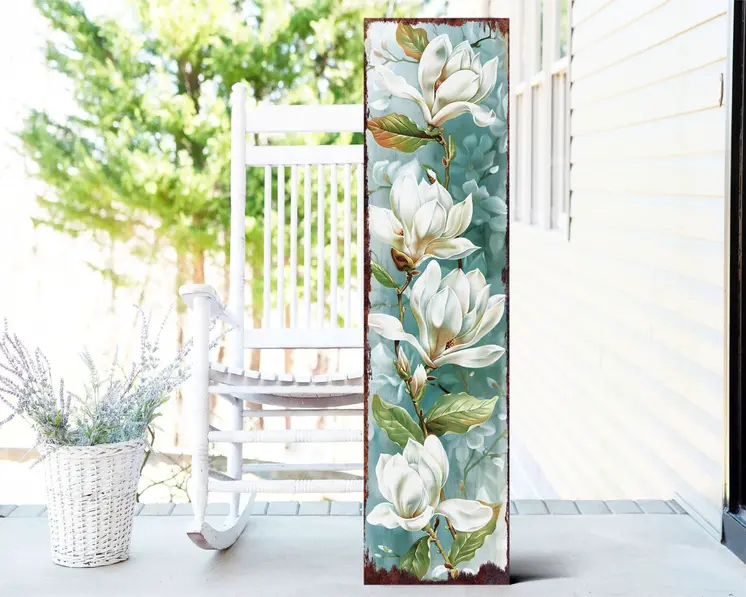 36" Blue Green And White Floral Bouquet Solid Wood Porch Sign