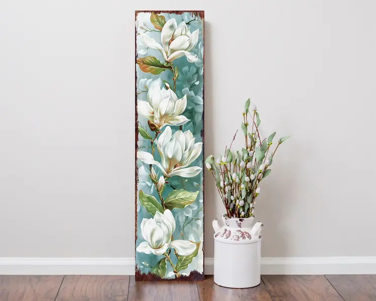 36" Blue Green And White Floral Bouquet Solid Wood Porch Sign