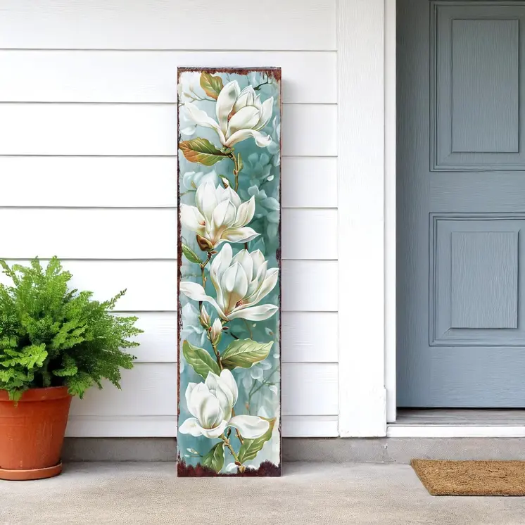 36" Blue Green And White Floral Bouquet Solid Wood Porch Sign