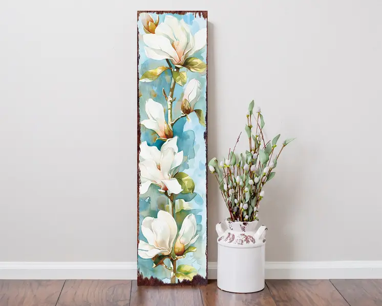 36" Blue Green And White Floral Bouquet Solid Wood Porch Sign