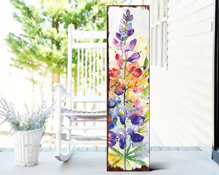 36" White Purple And Blue Watercolor Floral Solid Wood Porch Sign