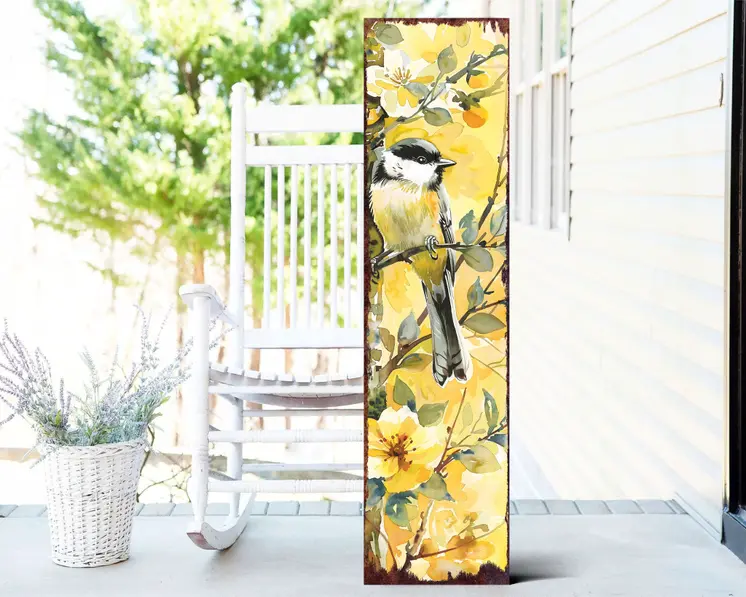 36" Yellow Chickadee Solid Wood Porch Sign