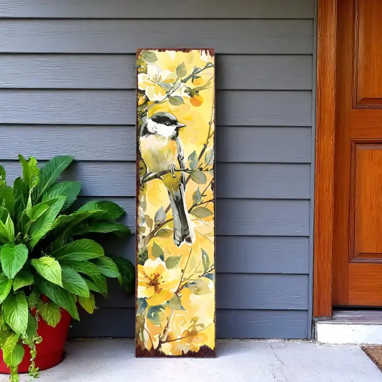 36" Yellow Chickadee Solid Wood Porch Sign
