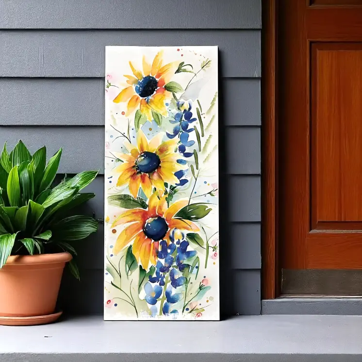 36" White Yellow And Blue Sunflowers Solid Wood Porch Sign
