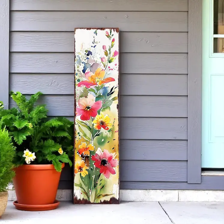36" White Pink And Yellow Wildflowers Solid Wood Porch Sign